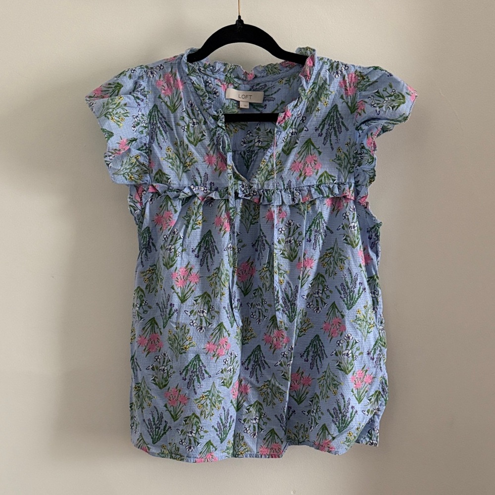 LOFT Light Blue Floral Ruffle Tie-Front Top